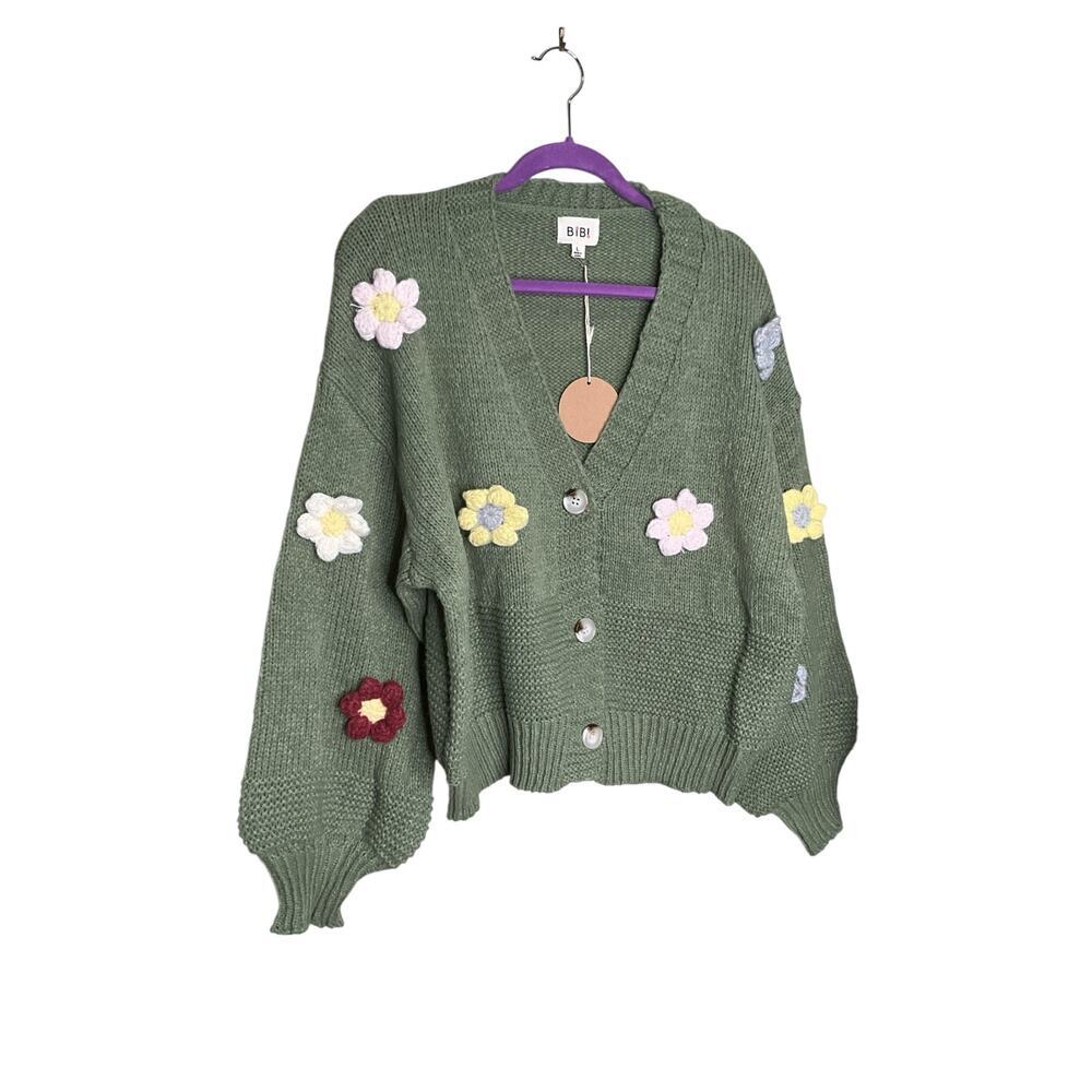 Bibi Flower Crochet Patches Knit Sweater Cardigan Olive Green‎ Womens Size L NWT